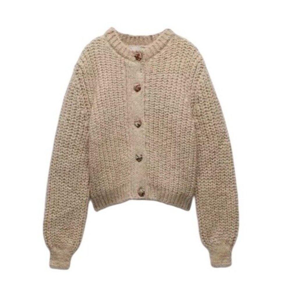 ZARA Chunky Knit Wool Floral Jacquard Trim Cardigan Sweater Buttons Medium